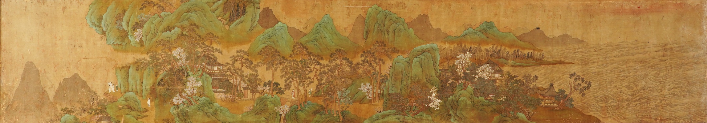 Chinese School , 17th century or earlier, Scholars in a mountainous river landscape scene with pavilions, Ink and colour on silk, incomplete clerical script signature, 54cm x 290cm